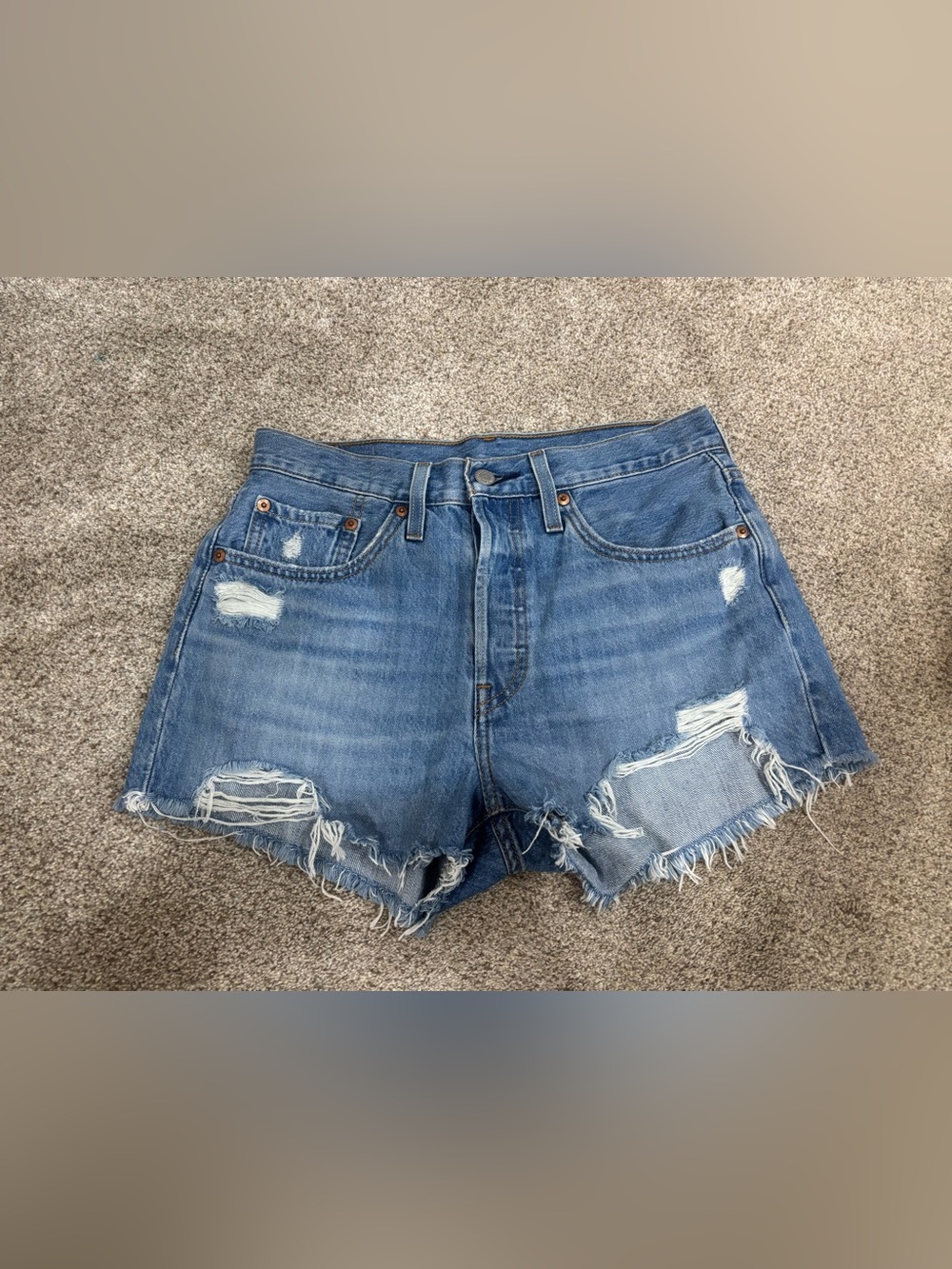 Levis 501 Original Distressed High Rise Denim Shorts Medium Wash Blue W27 jorts